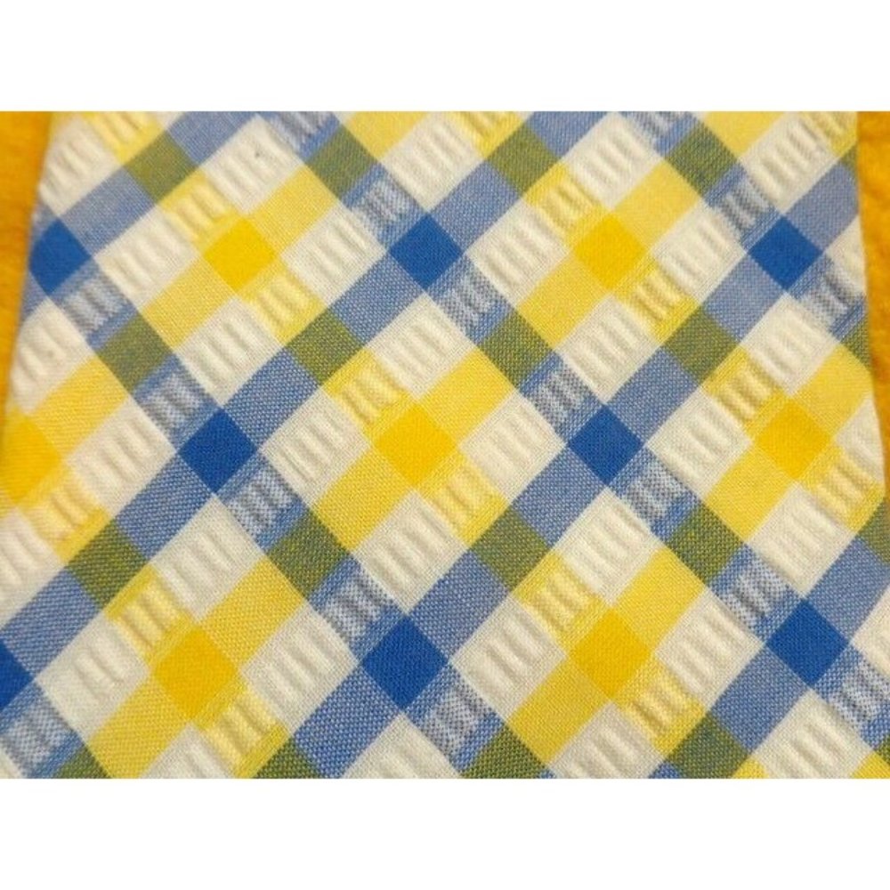 1970s VINTAGE KIPPER ~ DRESS SHIRT SUIT TIE ~ YELLOW BLUE CHECK SEERSUCKER ~ 54"